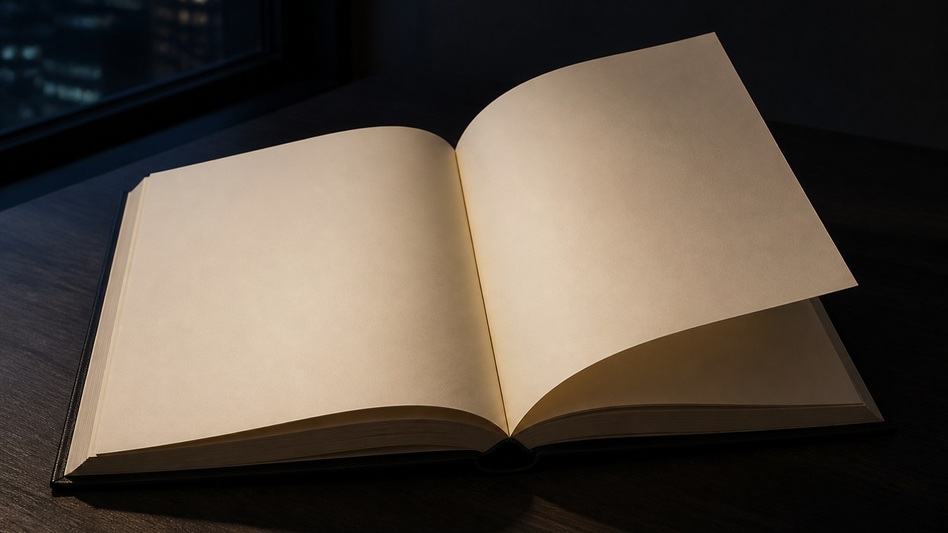 An open book in low light, two pale pages on a dark table, dust in the air