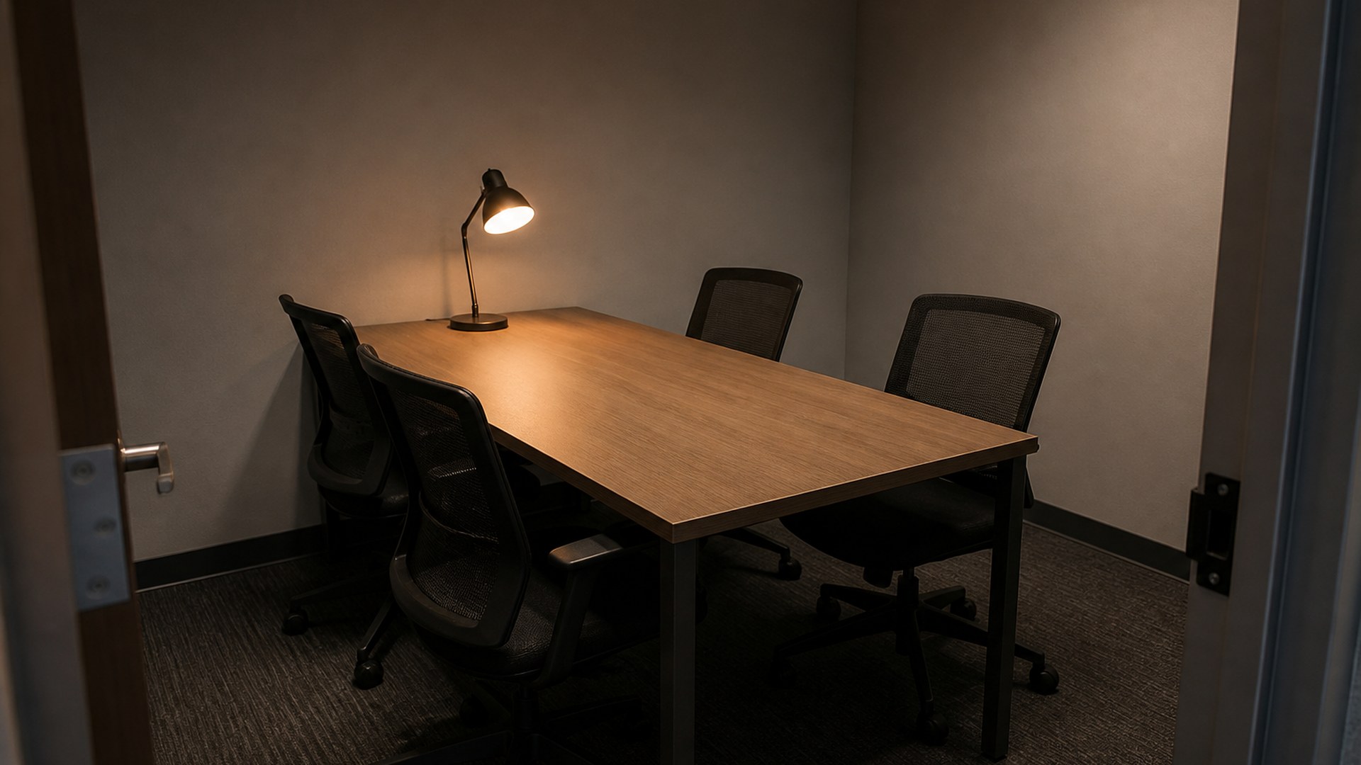 A square of pale light in darkness, four corners glowing, a closed frame with dust around it