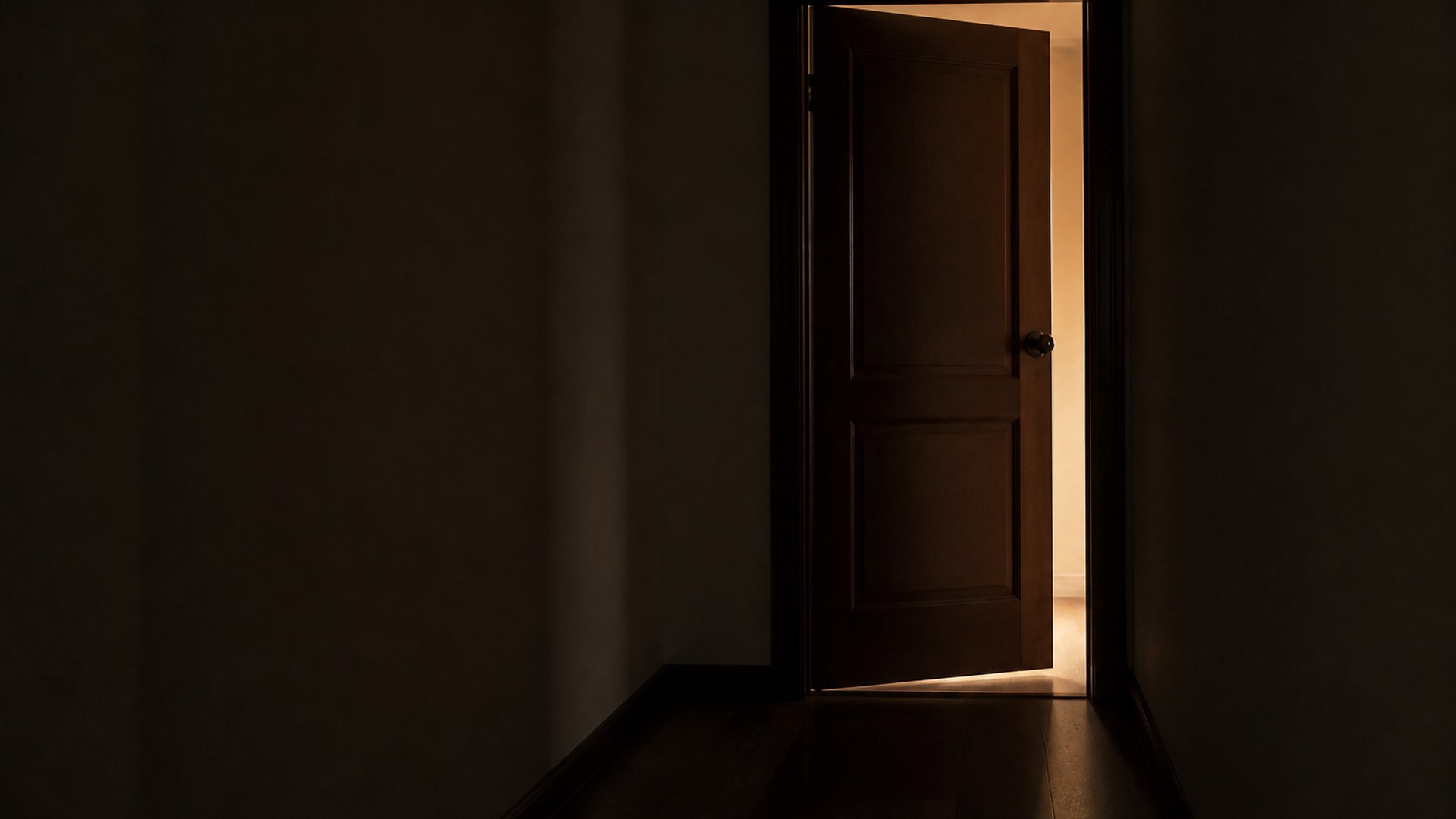 Two dark panels slightly apart, a thin vertical slit of pale light between them, dust hanging in the glow