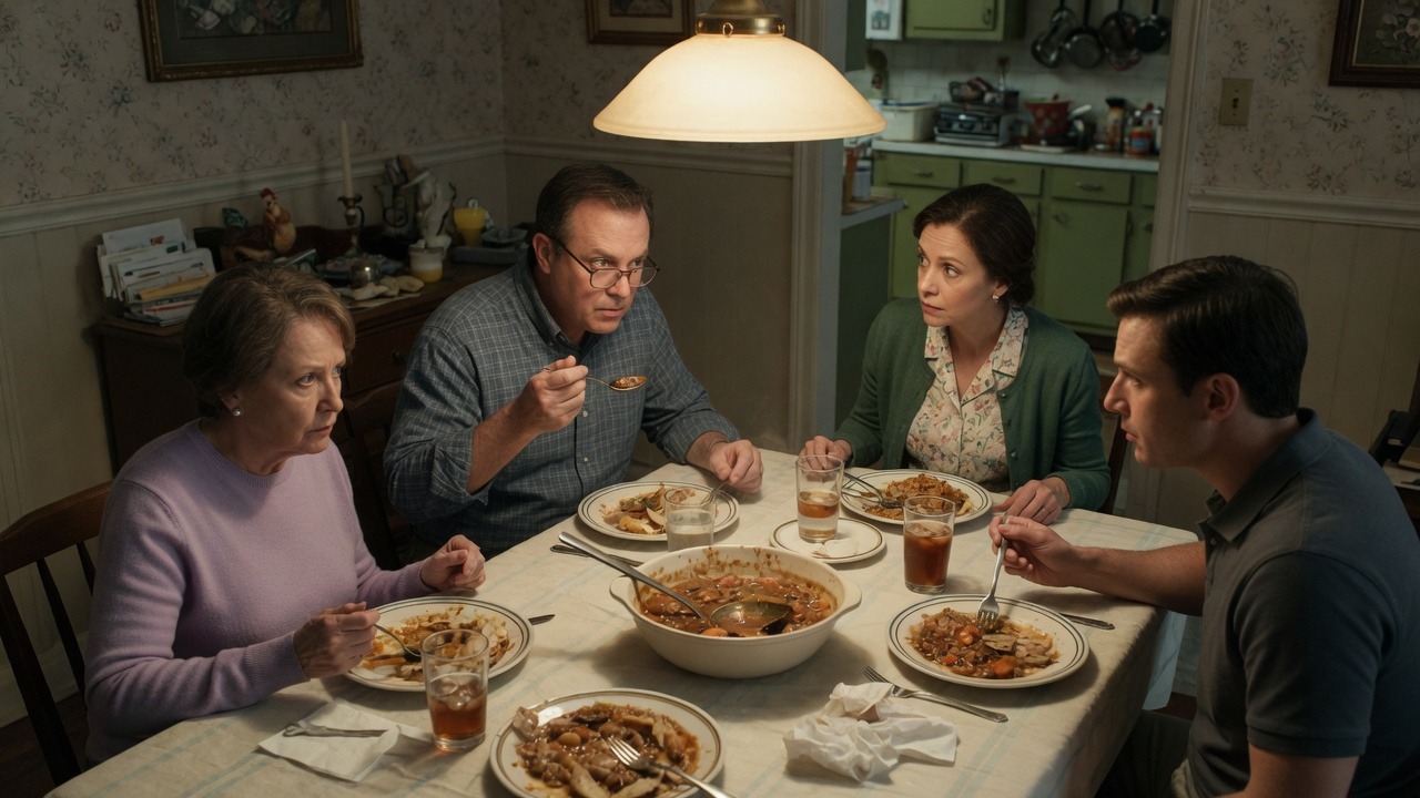 A family dinner, bowls of stew, everyone glancing at each other instead of speaking