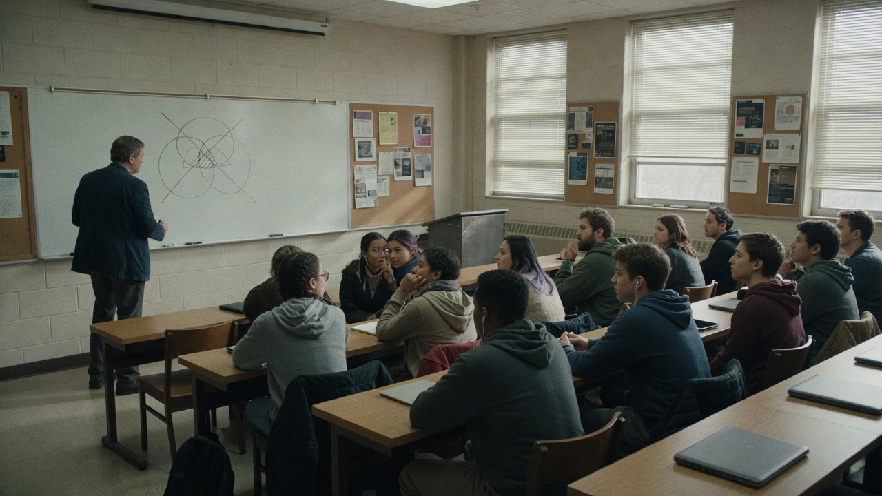A seminar room, a diagram on the board, students looking at each other rather than speaking