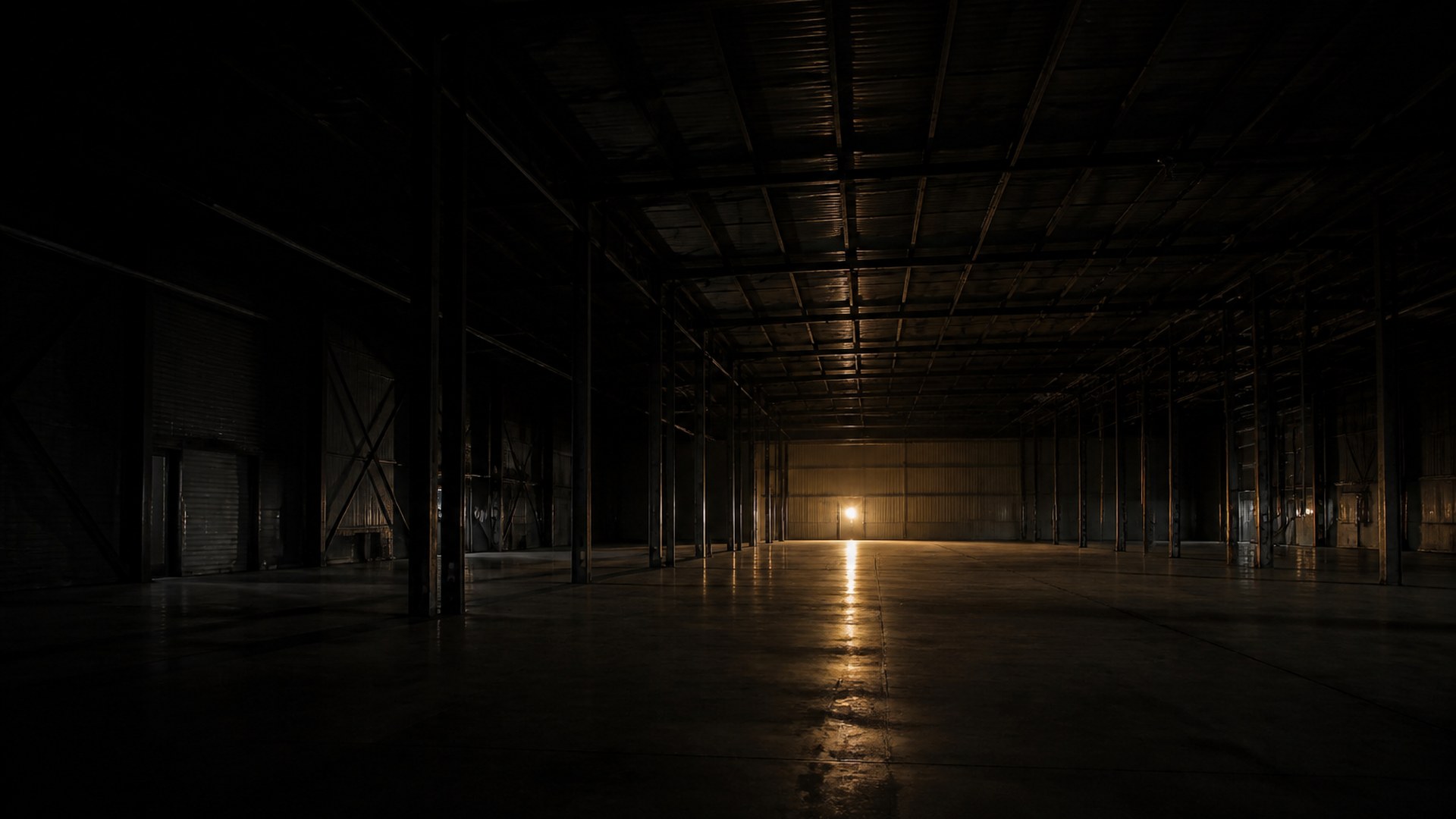 A small bright lamp and a tight ring of lesser lights in a vast dark hall
