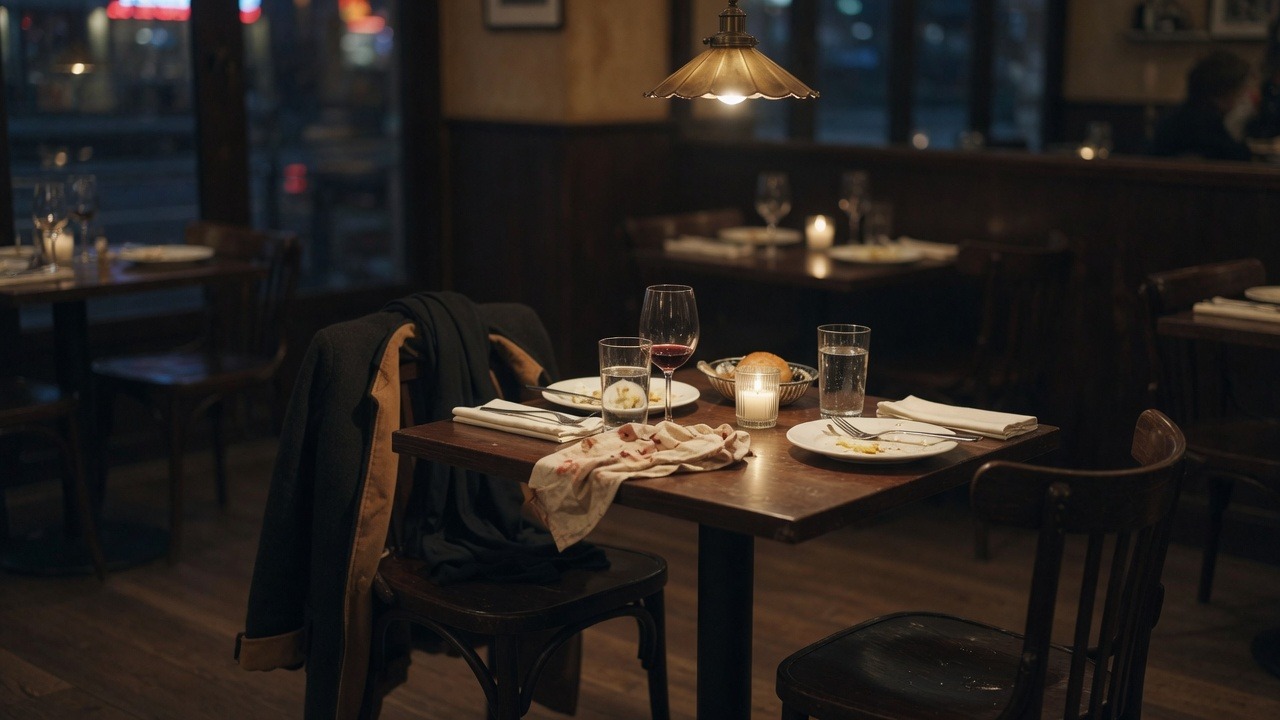 A restaurant table set for two at night, one chair empty, a coat still hanging on it