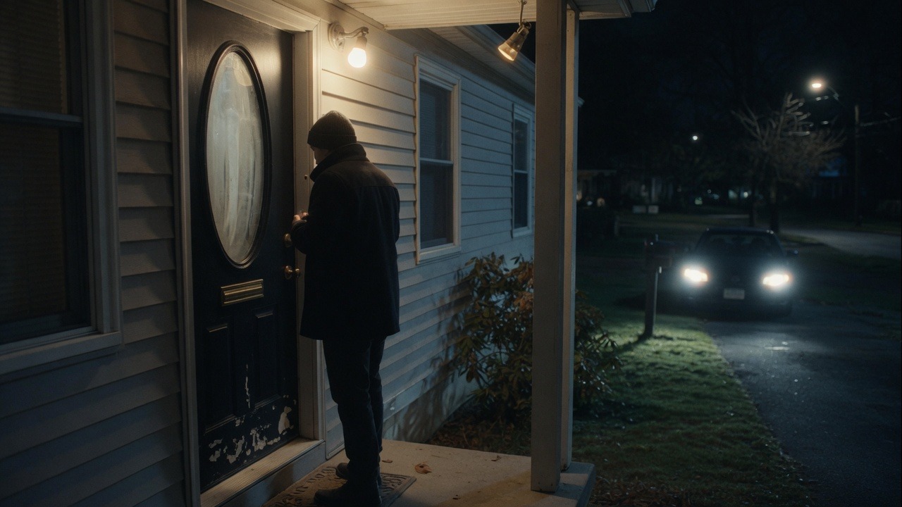 A person at a dark front door at night; a car with headlights turning into the driveway behind them