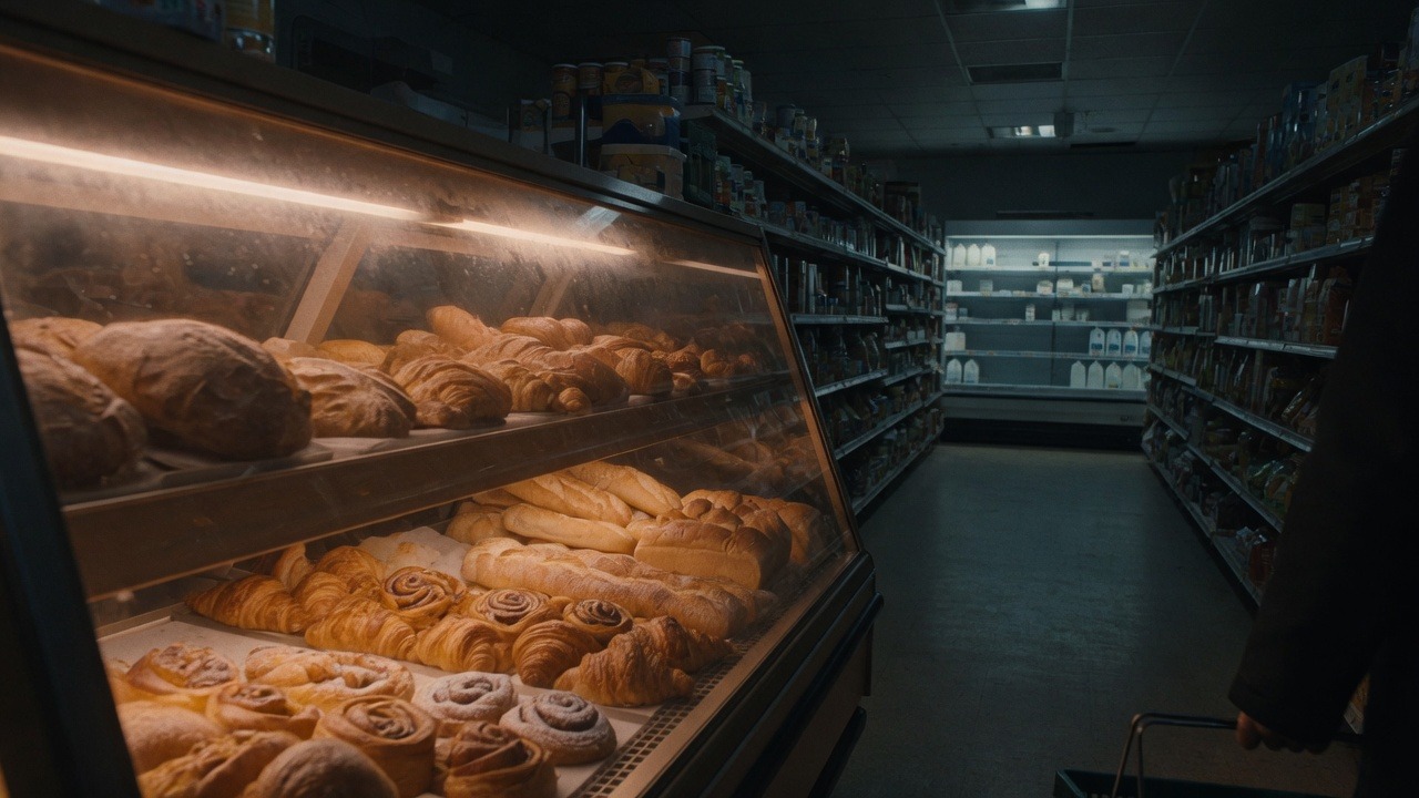A grocery bakery case glowing in the foreground, milk waiting at the far end of a dim aisle