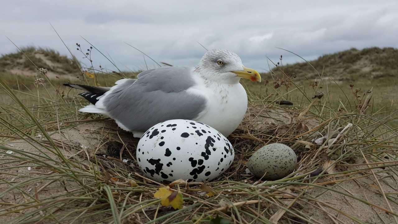 A herring gull on a dune nest beside an oversized bright dummy egg and a smaller real egg at the rim