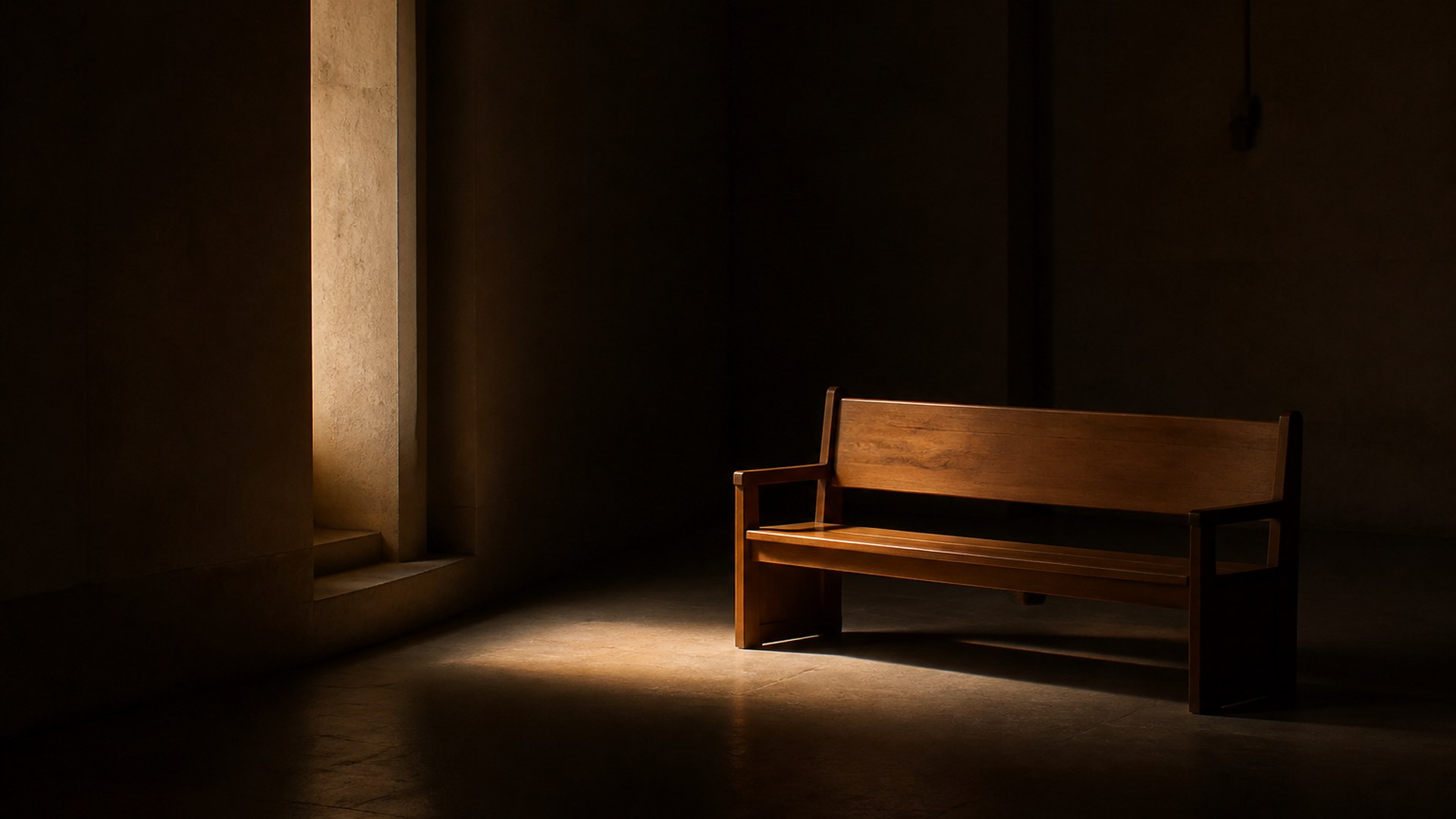 A row of empty chairs in low light, all pushed back the same way, dust in the air